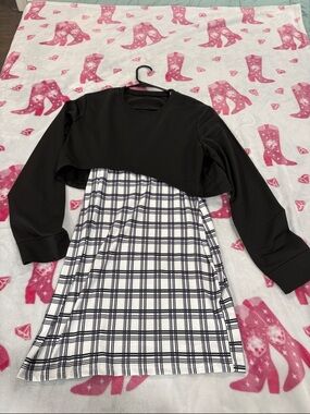 SHEIN Black Cropped Sweater Over Black & White Plaid Dress